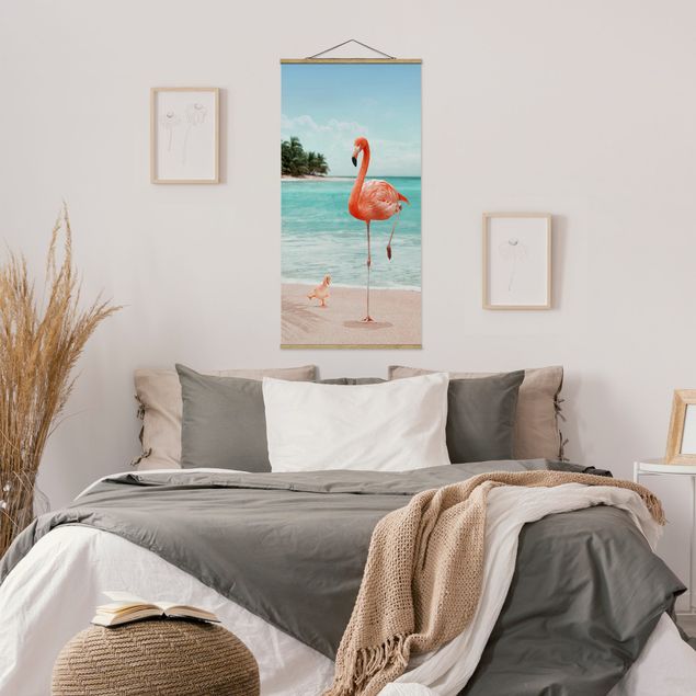 Obrazy do salonu nowoczesne Plaża z flamingiem