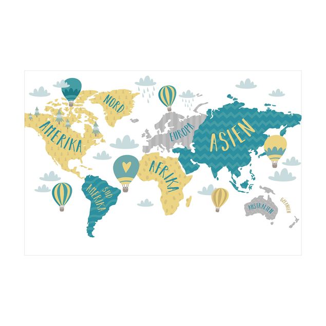 dywan z mapą świata Mapa świata z balonem na ogrzane powietrze
