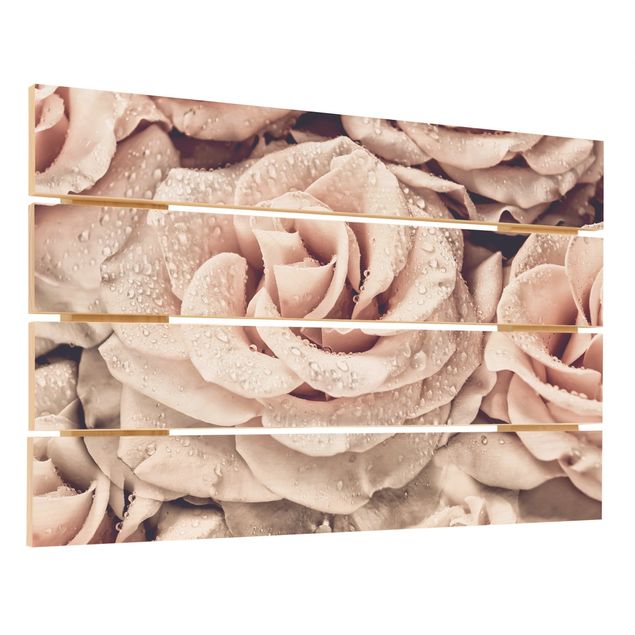 Obraz z drewna - Róże w sepii z kroplami wody