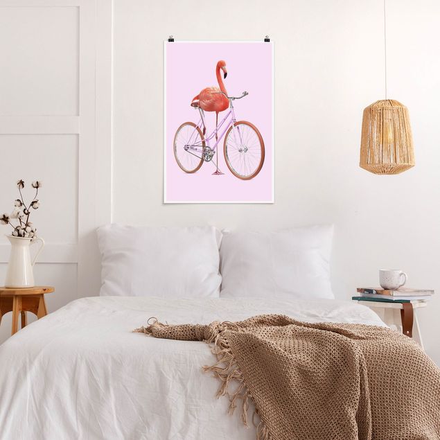 Obrazy do salonu nowoczesne Flamingo z rowerem