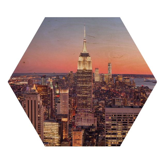 Obraz heksagonalny z drewna - Zachód słońca Manhattan Nowy Jork