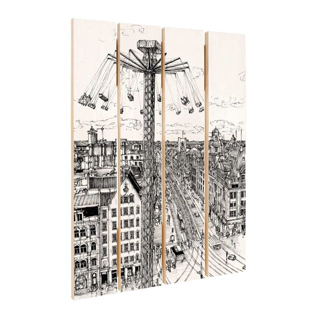 Obraz z drewna - Studium miasta - karuzela łańcuchowa
