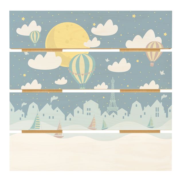 Obraz z drewna - Paryż z gwiazdami i balonem na ogrzane powietrze