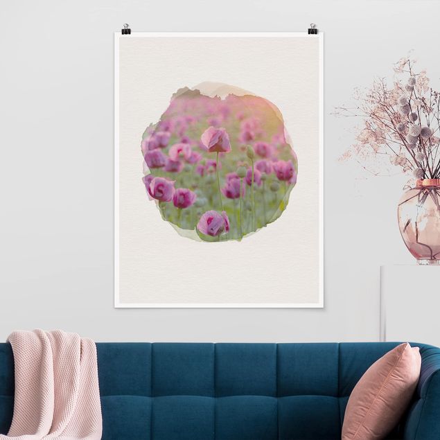 Obrazy maki Akwarele - Fioletowa łąka maków opiumowych na wiosnę