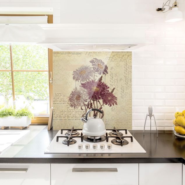 Panele szklane do kuchni Kwiaty w stylu vintage z pismem odręcznym