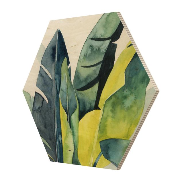 Obraz heksagonalny z drewna - Tropikalne liście - Banan