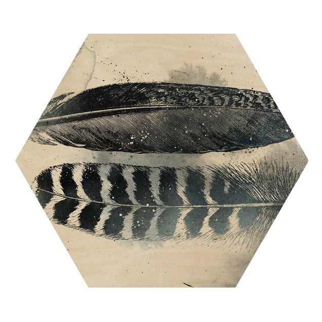 Obraz heksagonalny z drewna - Dwa pióra - akwarele