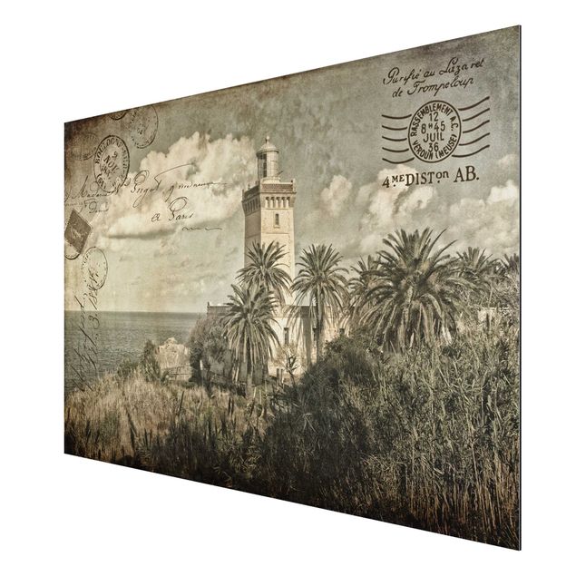 Obrazy morze Pocztówka w stylu vintage z latarnią morską i palmami