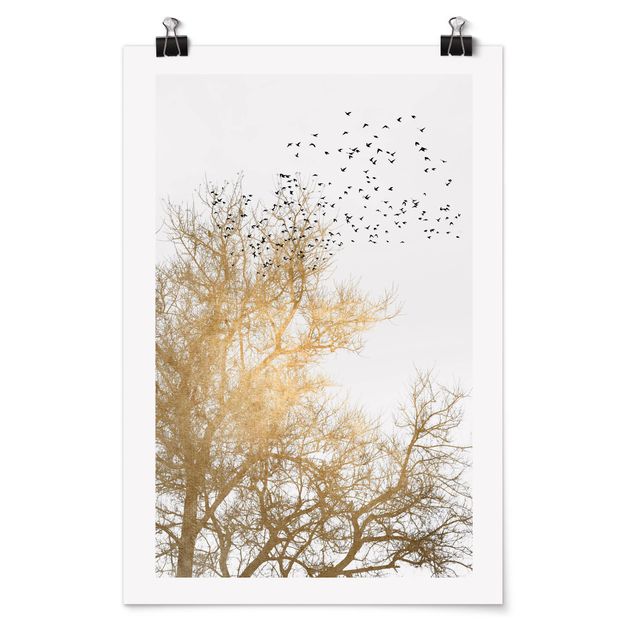 Obrazy drzewa Stado ptaków na tle złotego drzewa