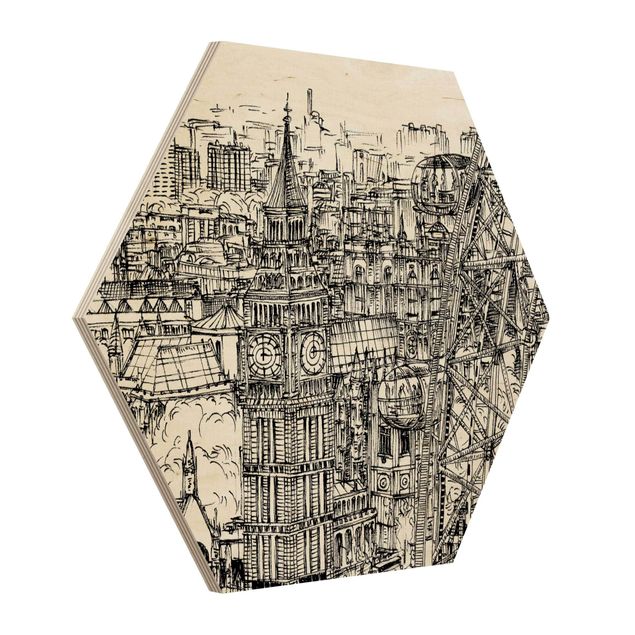 Obraz heksagonalny z drewna - Studium miasta - London Eye