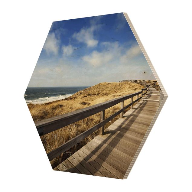 Obraz heksagonalny z drewna - Spacer nad morze północne