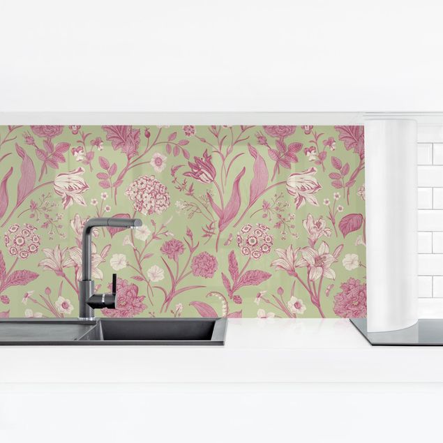 Panel ścienny do kuchni - Taniec kwiatów w pastelowej miętowej zieleni i różu