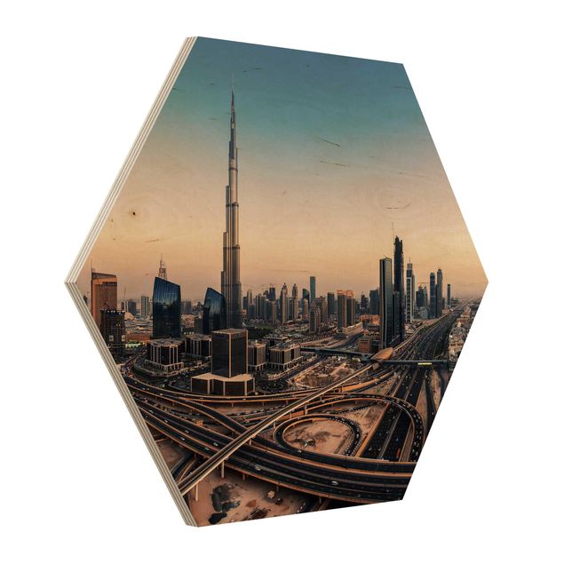 Obraz heksagonalny z drewna - Wieczorna atmosfera w Dubaju