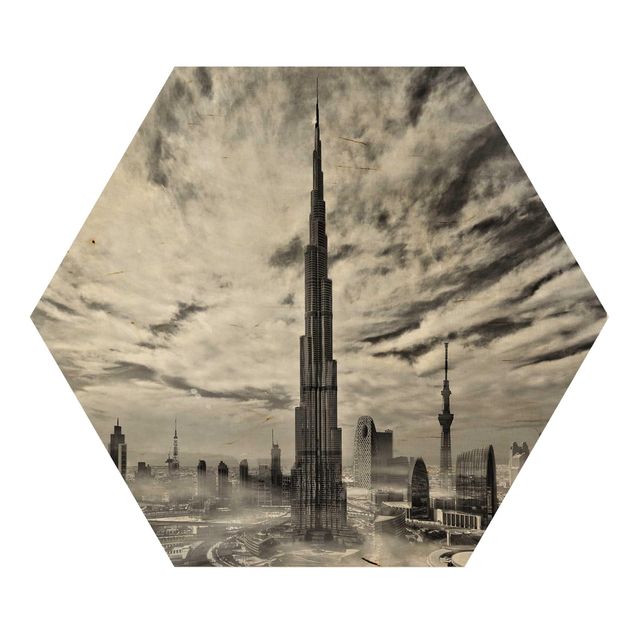 Obraz heksagonalny z drewna - Dubaj Super Skyline