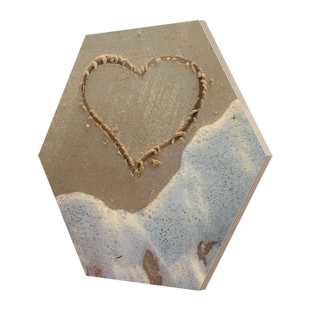 Obraz heksagonalny z drewna - Serce na plaży