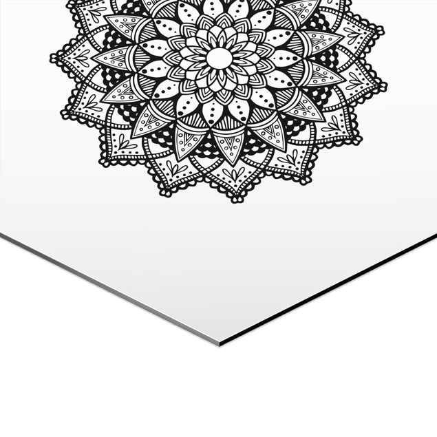 Obraz heksagonalny z Alu-Dibond 3-częściowy - Mandala Hamsa Zestaw Lotos Ręczny na Białym