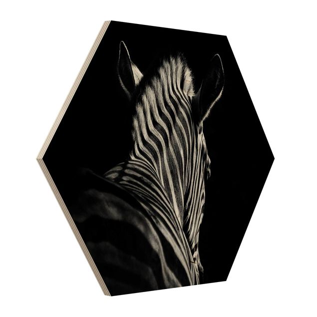 Obraz heksagonalny z drewna - Sylwetka zebry ciemnej