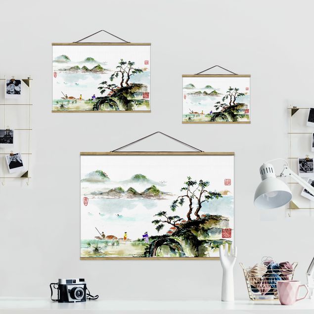 Obrazy retro Japońska akwarela do rysowania jeziora i gór
