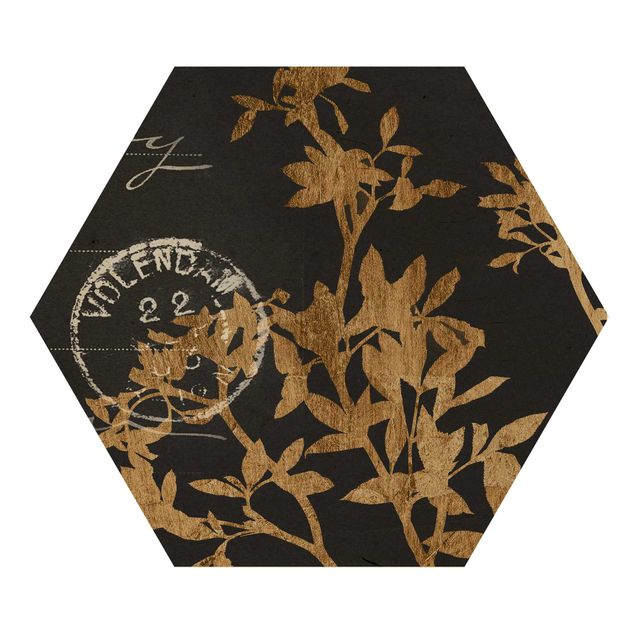 Obraz heksagonalny z drewna - Złote liście na Mocha II