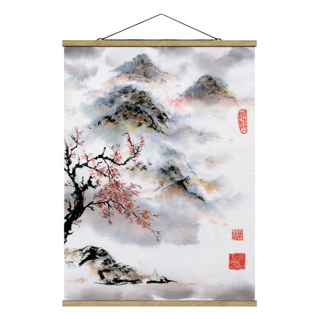 Obraz drzewo Japońska akwarela Drzewo wiśniowe i góry