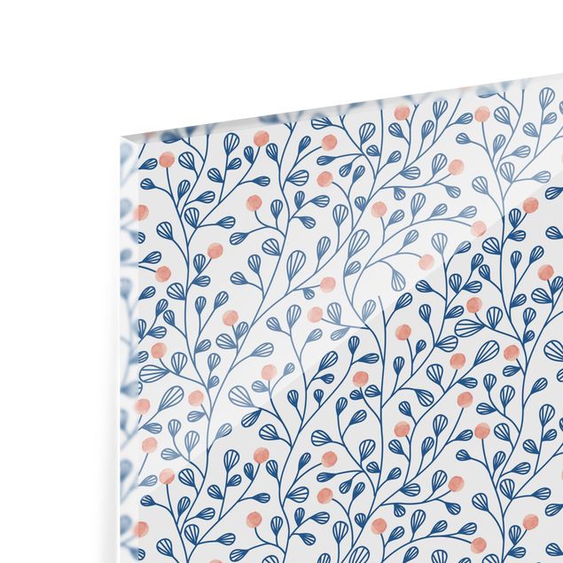 Panel szklany do kuchni - Niebieski wzór roślinny z kropkami w kolorze różowym