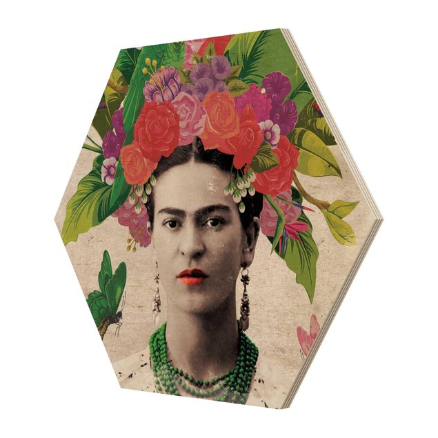 Obraz heksagonalny z drewna - Frida Kahlo - Portret z kwiatami