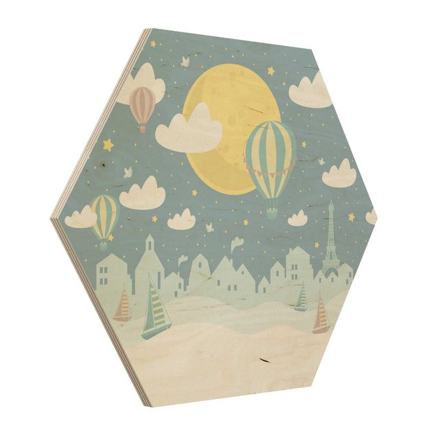 Obraz heksagonalny z drewna - Paryż z gwiazdami i balonem na ogrzane powietrze