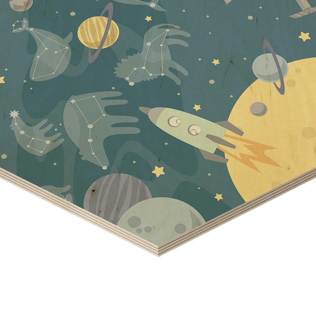 Obraz heksagonalny z drewna - Planety ze znakami zodiaku i rakietami