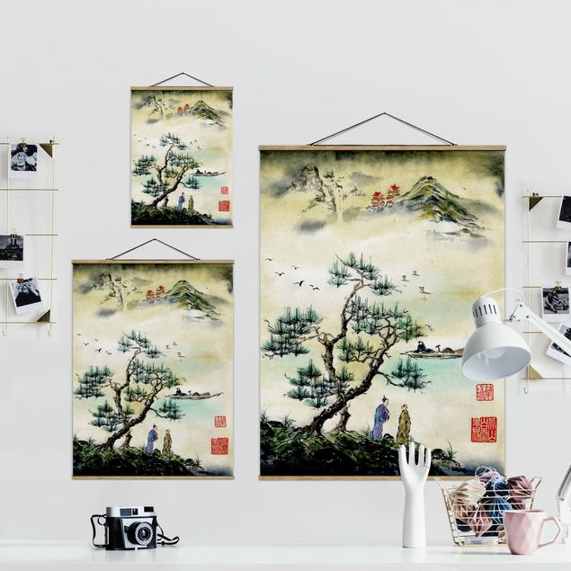 Vintage obrazy Japońska akwarela Drzewo sosnowe i górska wioska