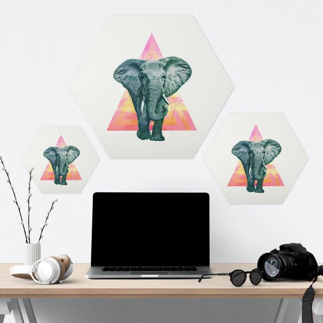 Obrazy na ścianę Ilustracja przedstawiająca słonia na tle trójkątnego obrazu