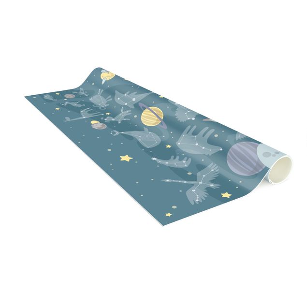 nowoczesny dywan Planety ze znakami zodiaku i rakietami