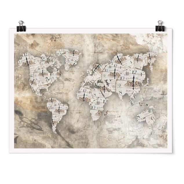 Obrazy z napisami Zegary shabby Mapa świata