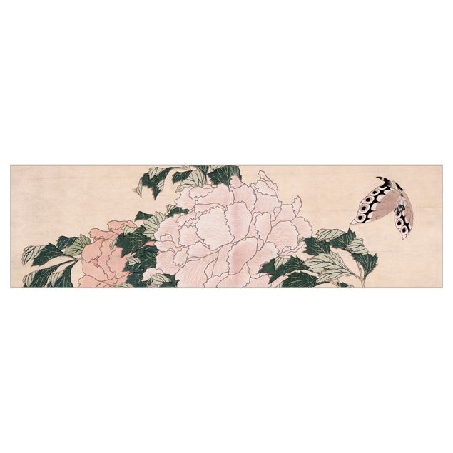 Panel ścienny do kuchni - Katsushika Hokusai - Różowe piwonie z motylem