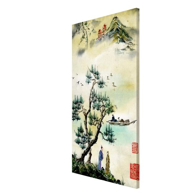 Góry obraz Japońska akwarela Drzewo sosnowe i górska wioska