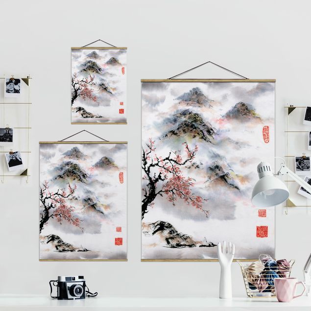 Obrazy vintage Japońska akwarela Drzewo wiśniowe i góry