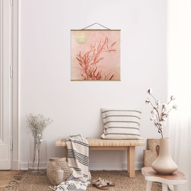 Obrazy do salonu nowoczesne Złote słońce z różowym bambusem