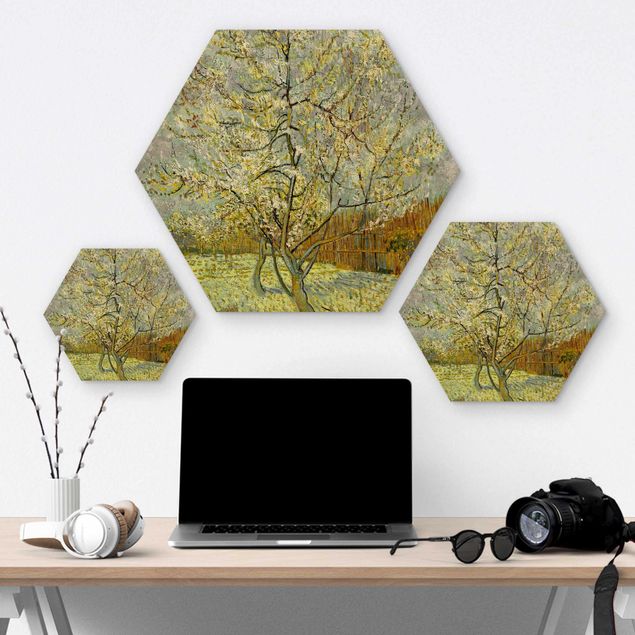 Obraz heksagonalny z drewna - Vincent van Gogh - Różowe drzewo brzoskwiniowe