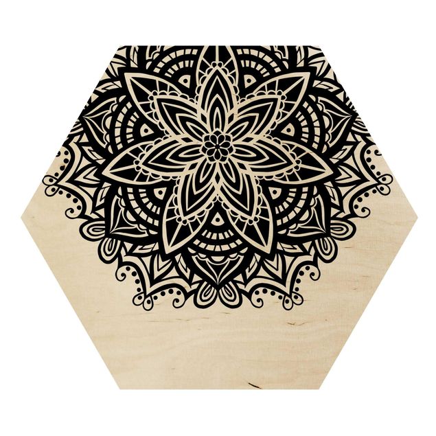 Obraz heksagonalny z drewna - Mandala z kwiatem i sercem