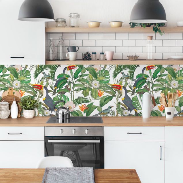 Panele szklane do kuchni Tropikalny tukan z Monstera i liśćmi palmy