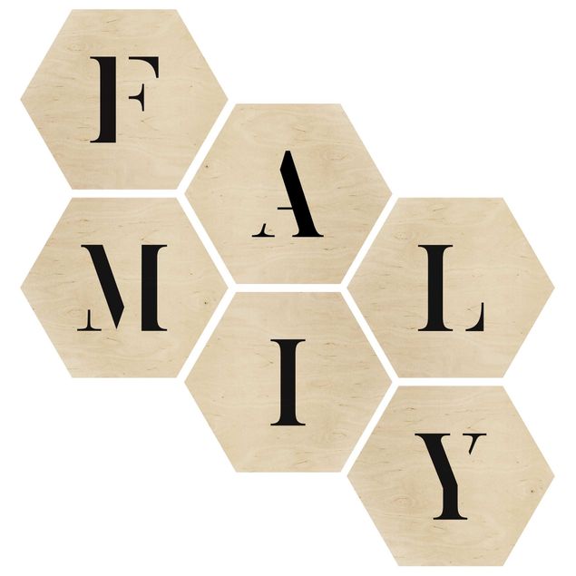 Obraz heksagonalny z drewna 6-częściowy - Litery FAMILY Czarny zestaw II