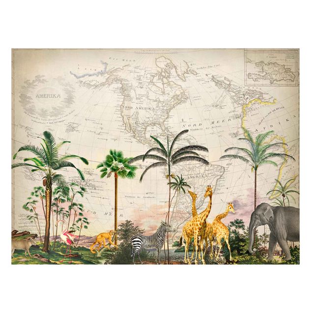 Obrazy do salonu nowoczesne Kolaże w stylu vintage - Świat zwierząt na mapie świata