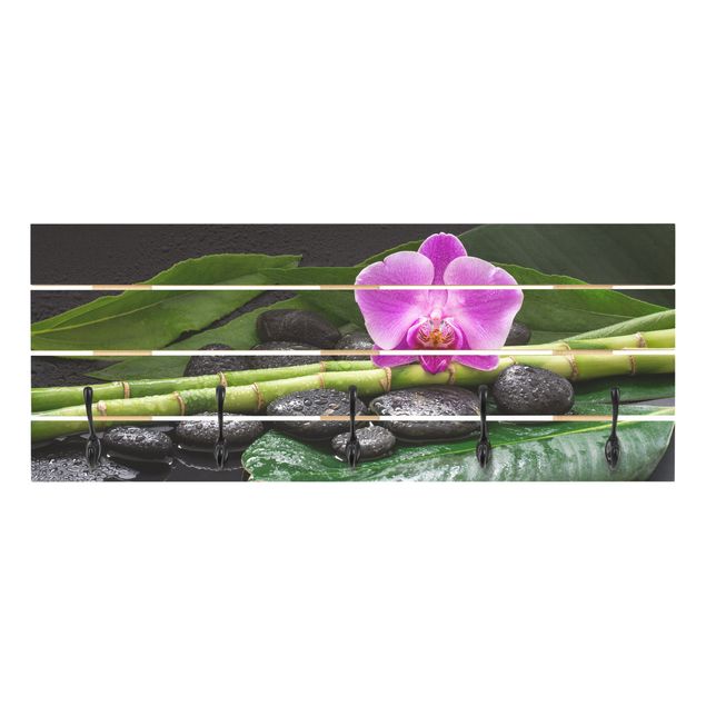 Wieszak ścienny - Zielony bambus z kwiatem orchidei