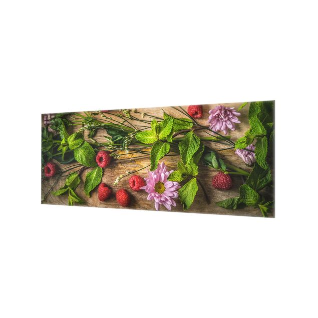 Panel szklany do kuchni - Kwiaty Maliny Mięta