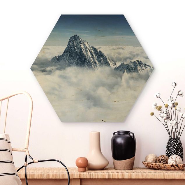 Obraz heksagonalny z drewna - Alpy ponad chmurami