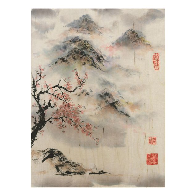 Obrazy na ścianę Japońska akwarela Drzewo wiśniowe i góry