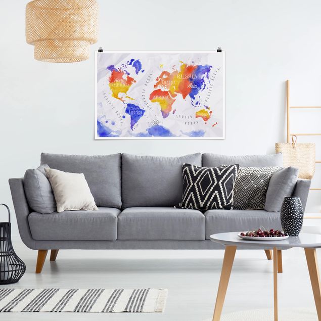 Obrazy nowoczesny Mapa świata akwarela fioletowy czerwony żółty