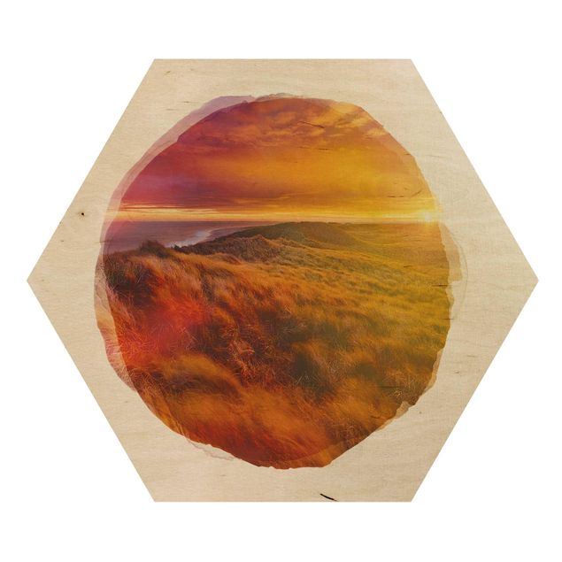 Obraz heksagonalny z drewna - Akwarele - wschód słońca na plaży w Sylt
