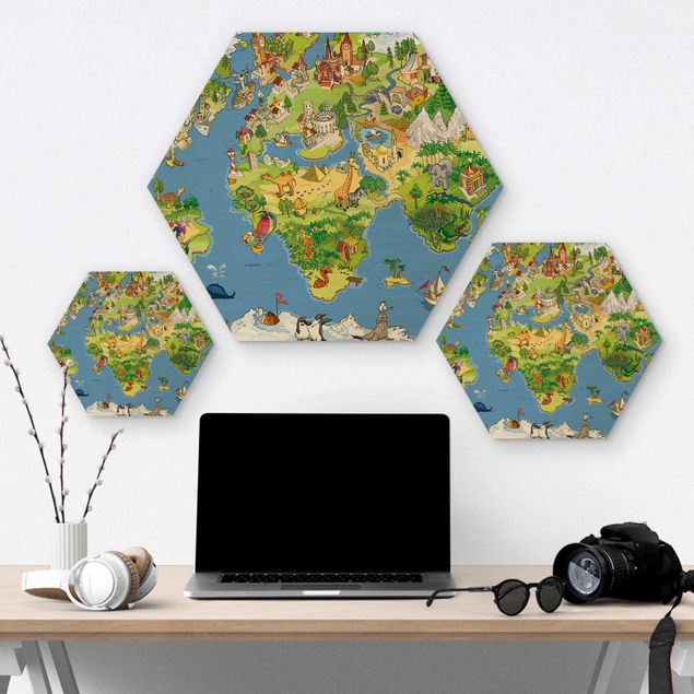 Obraz heksagonalny z drewna - Wielka i śmieszna mapa świata