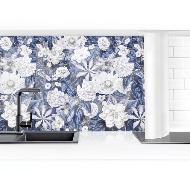 Panel szklany do kuchni Białe kwiaty na tle niebieskiego II