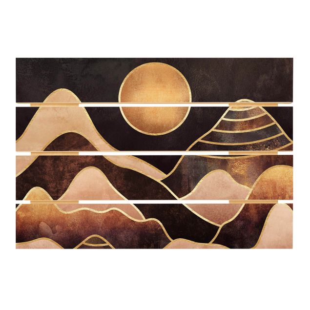 Obrazy na drewnie Złote słońce abstrakcyjne góry